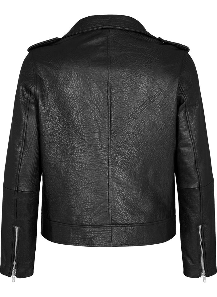 Leather biker jacket with pockets, Black, Packshot image number 1