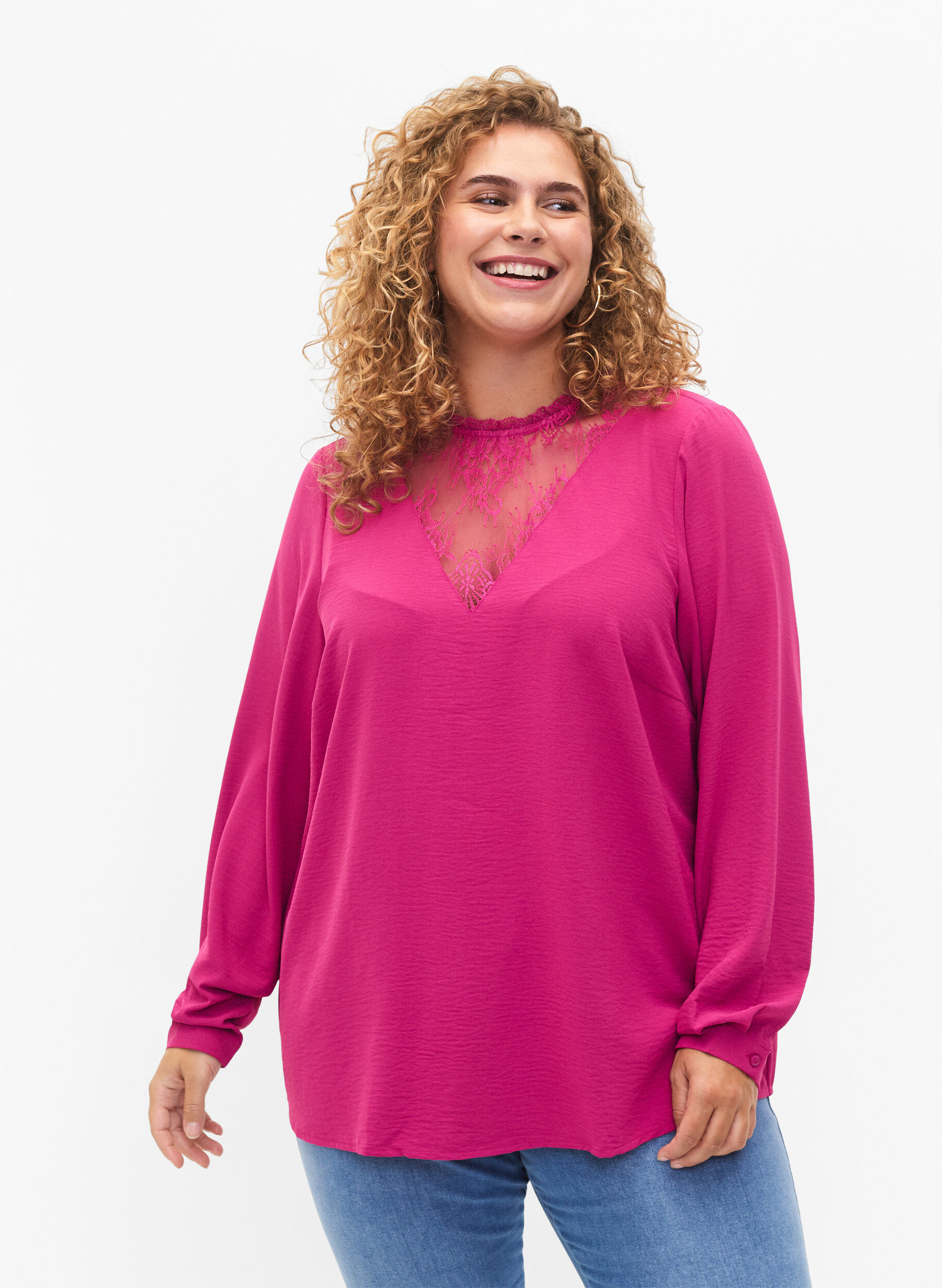 Zizzifashion Long sleeved blouse with lace detail, Festival Fuchsia, Model image number 0