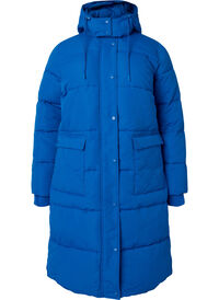 Long puffer jacket with pockets and hood