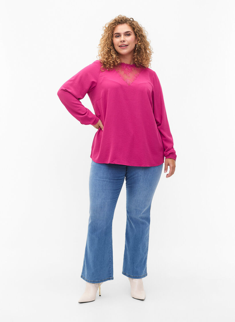 Long sleeved blouse with lace detail, Festival Fuchsia, Model image number 2