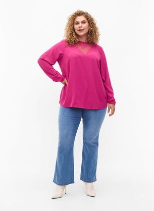 Long sleeved blouse with lace detail, Festival Fuchsia, Model image number 2