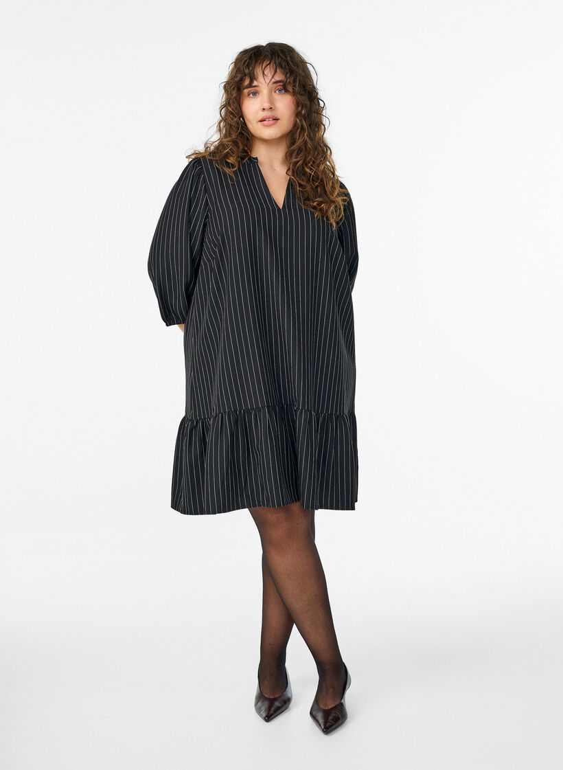 Short A-line dress with pinstripes and a ruffle hem, Black, Model image number 0