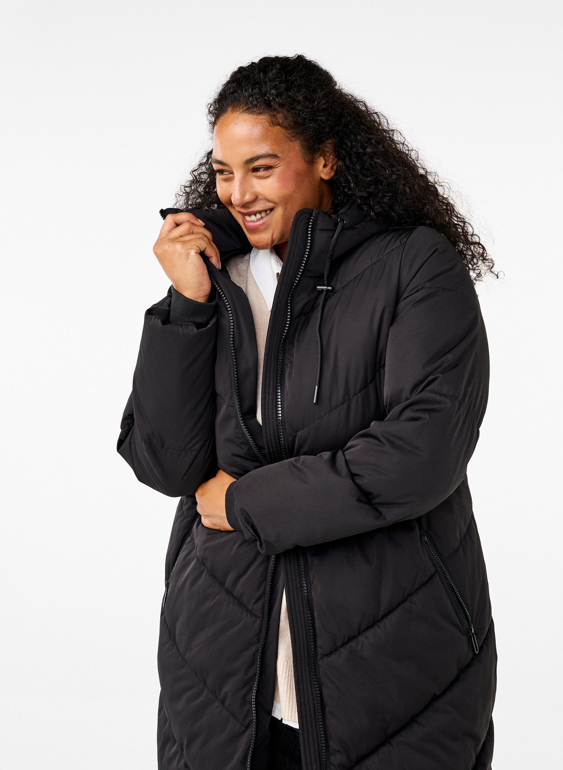 ZizzifashionLong puffer coat with hood and pockets, Black, Model image number 3