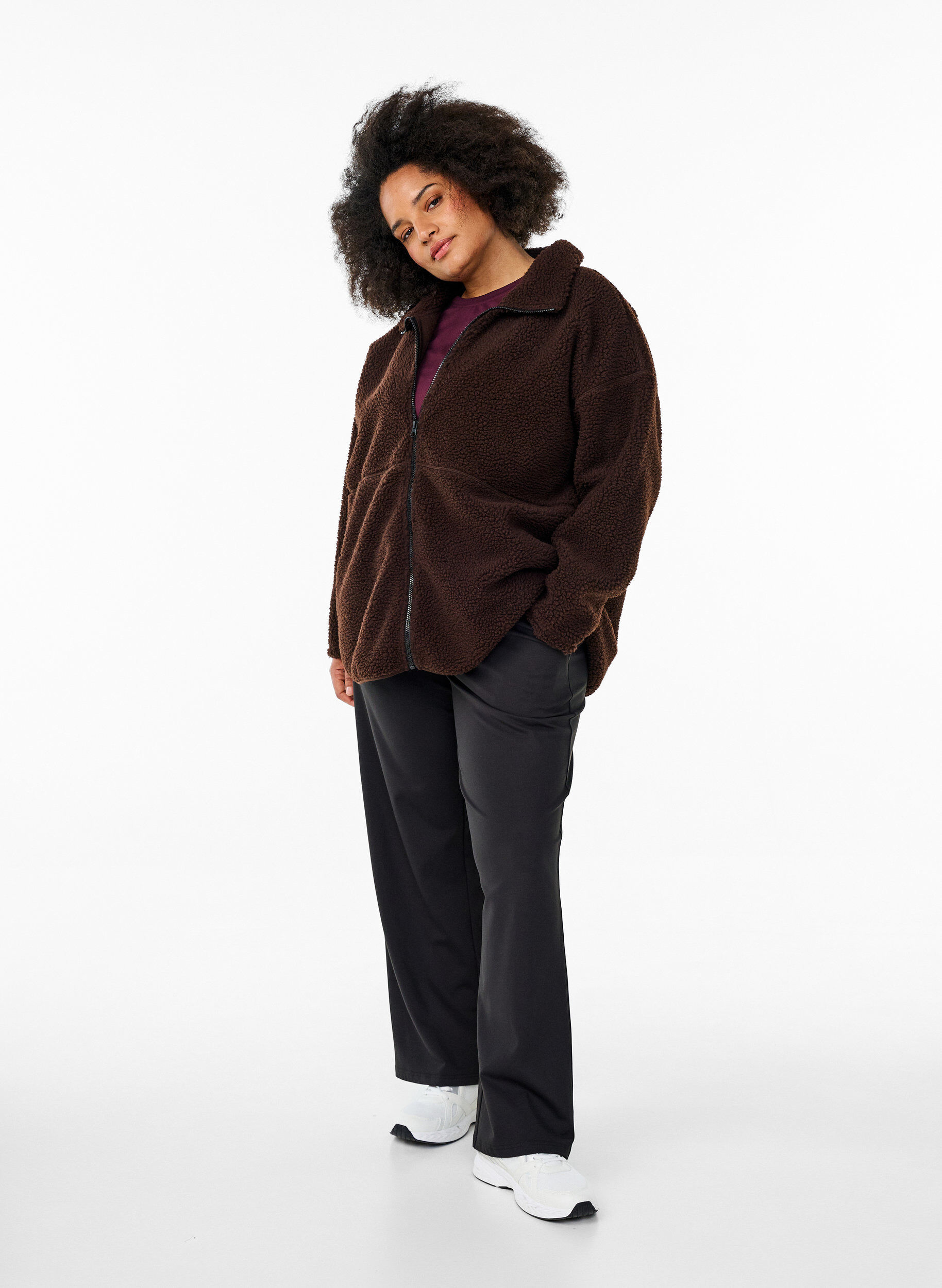 Zizzifashion Sporty teddy fleece jacket with zipper, Brown, Model image number 1