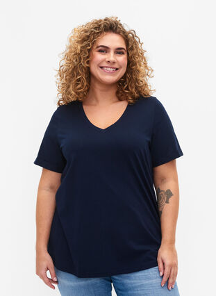 Cotton t-shirt with v-neck, Navy Blazer, Model image number 0