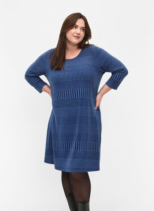 Dress with 3/4 sleeves and striped pattern, Estate Blue Melange, Model image number 2