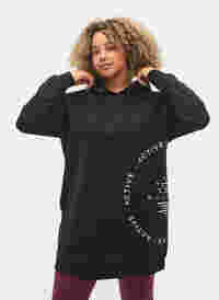 Long sweatshirt with a hood and print details, Black w. Logo Print, Model