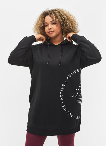 Long sweatshirt with a hood and print details, Black w. Logo Print, Model image number 0