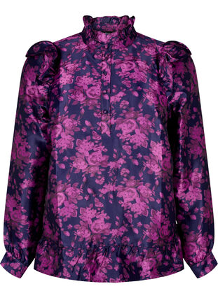 Floral jacquard blouse with ruffle details, Dark Blue Pink, Packshot image number 0