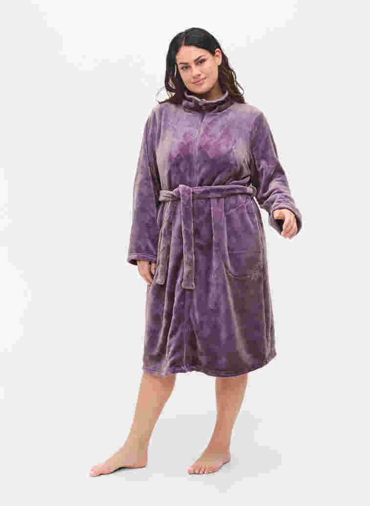 Dressing gown with zip and pockets, Vintage Violet, Model image number 2