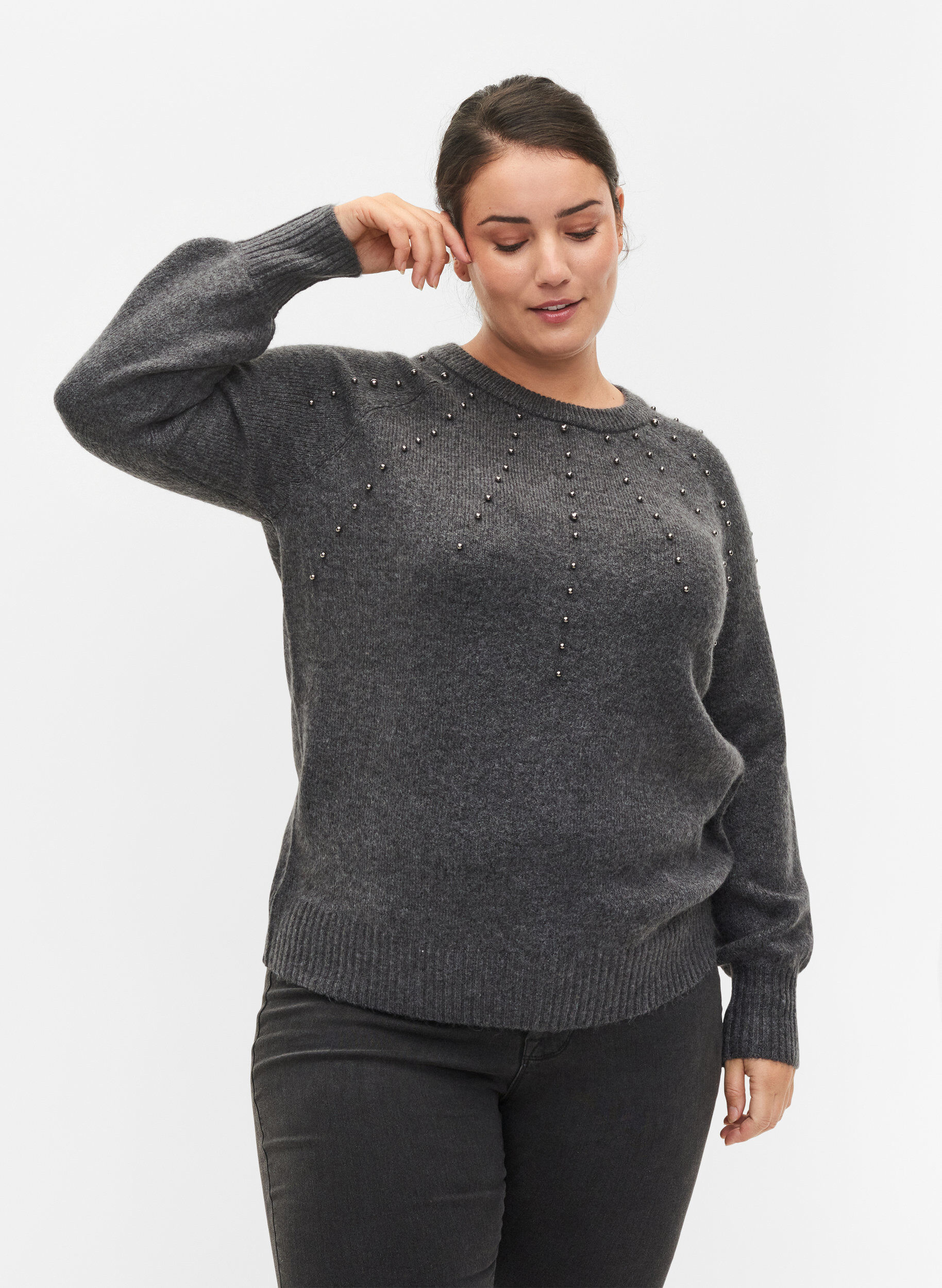 Zizzifashion Knitted jumper with beads, Dark Grey Melange, Model image number 0