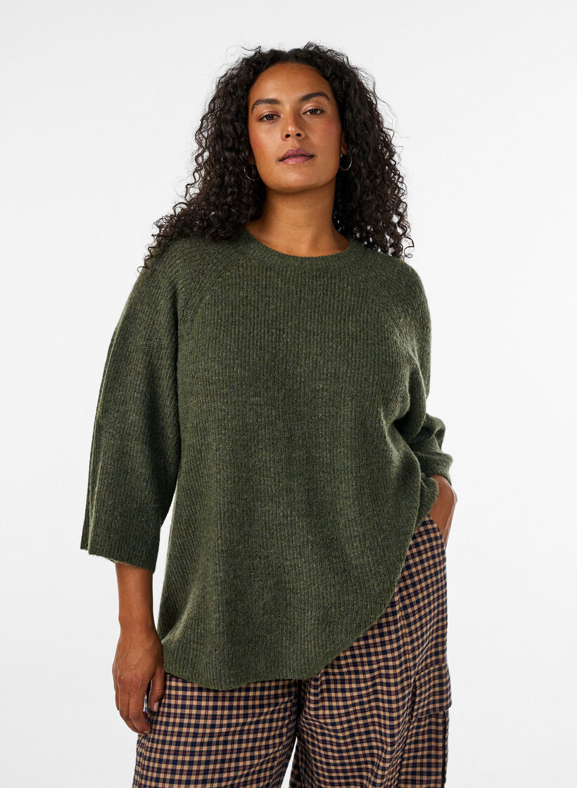 Ribbed jumper with 3/4 sleeves, Green, Model image number 0