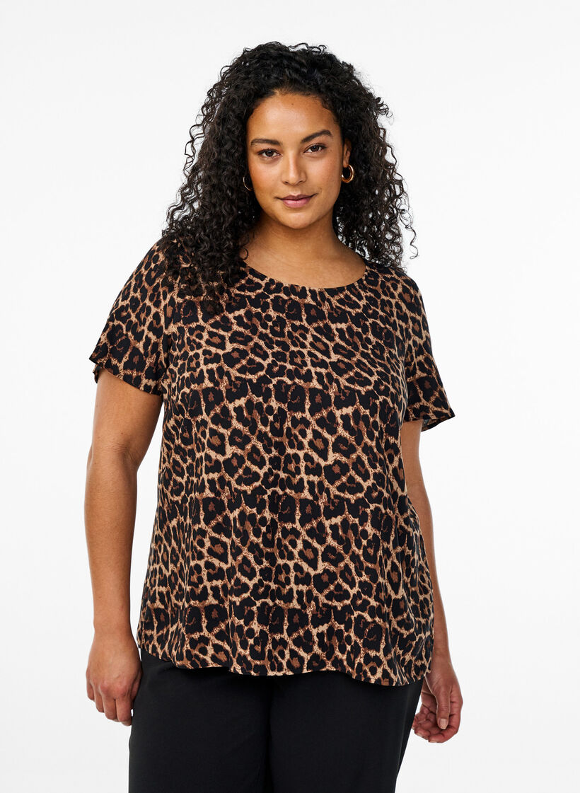 Short sleeve viscose blouse with print, Brown, Model image number 0