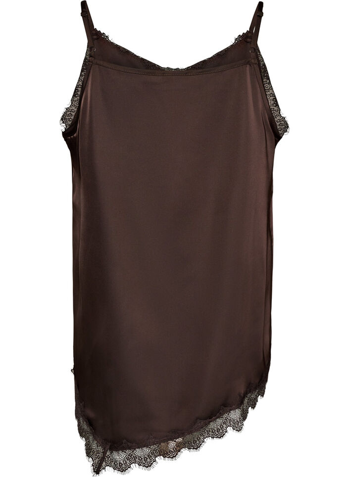 Satin top with lace trim and asymmetric hem, Brown, Packshot image number 1