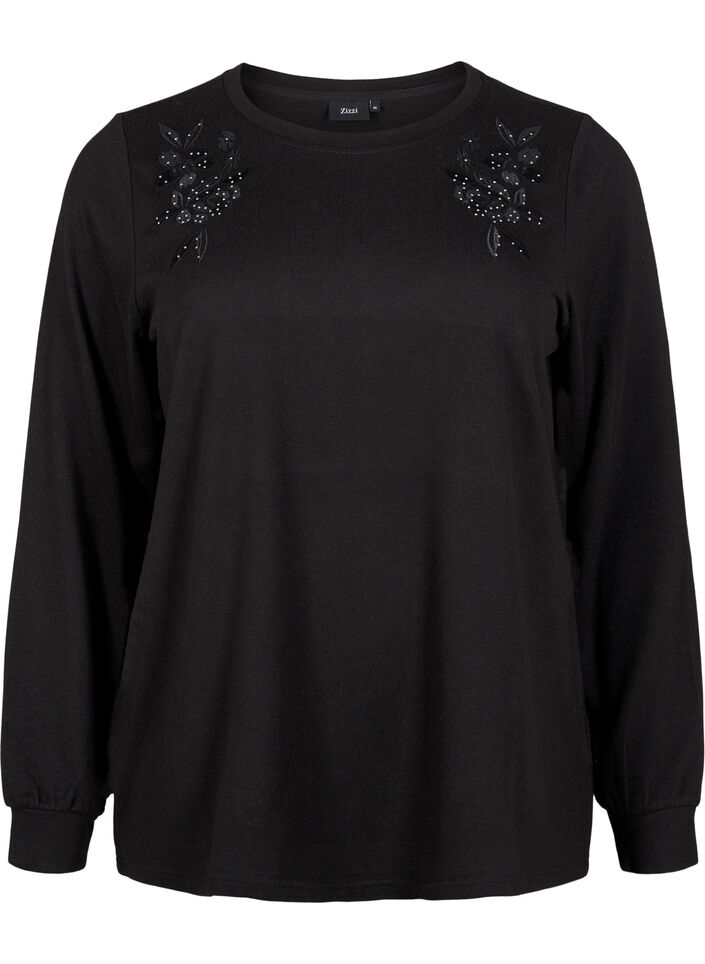 Blouse with embroidery and rhinestones, Black, Packshot image number 0