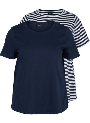 Basics cotton t-shirt 2-pack, Navy/Navy Stripe, Packshot image number 0