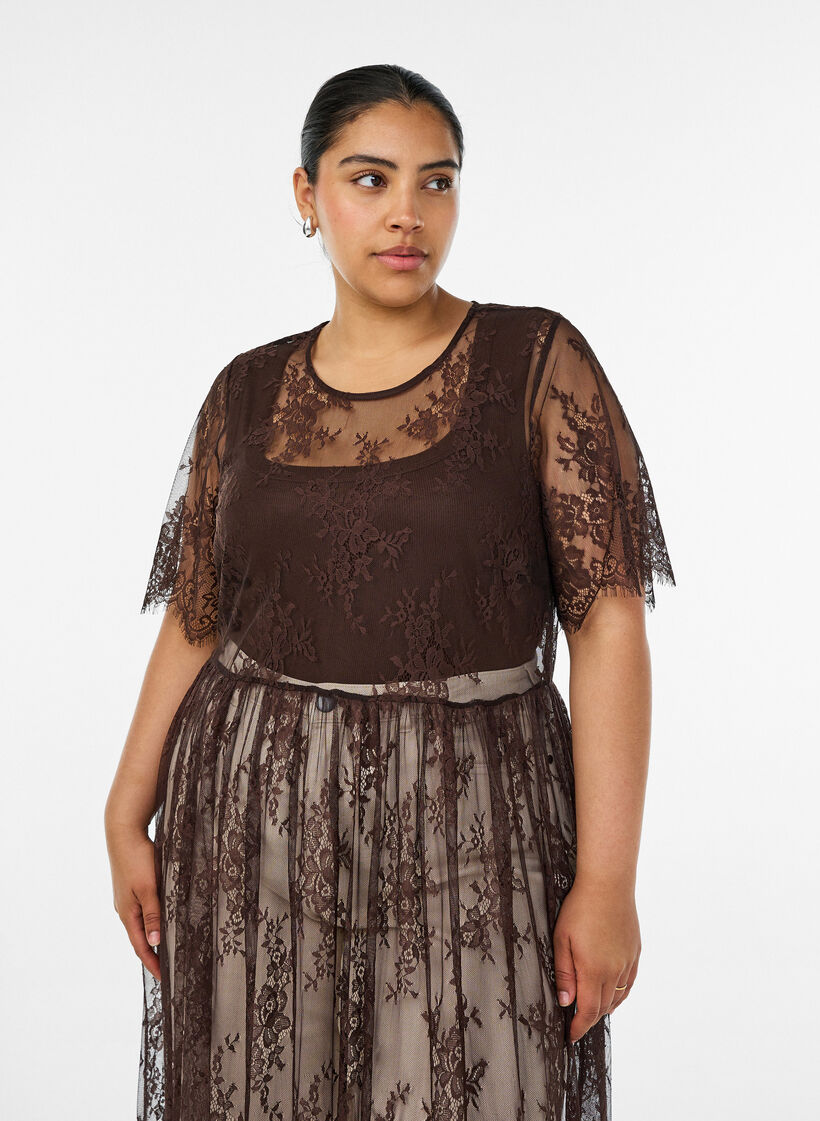 Sheer lace midi dress with short sleeves - Brown - Sz. 40-64 - Zizzifashion