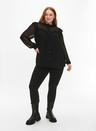 Shirt blouse with ruffles and dotted texture, Black, Model image number 2