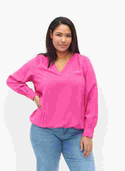 	 Viscose blouse with v-neck, Raspberry Rose, Model
