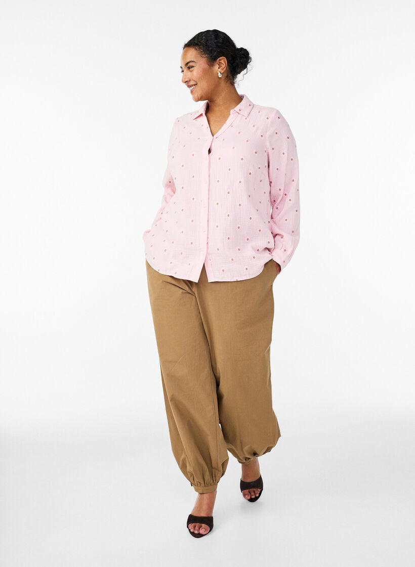 Long-sleeved blouse in cotton muslin with embroidered motifs, Rose, Model image number 1