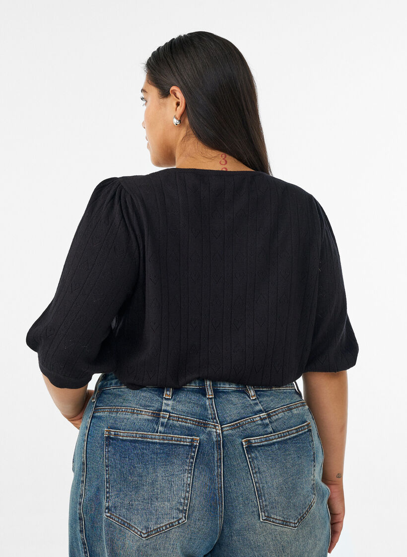 Short-sleeved knit blouse with a pointelle pattern, Black, Model image number 2