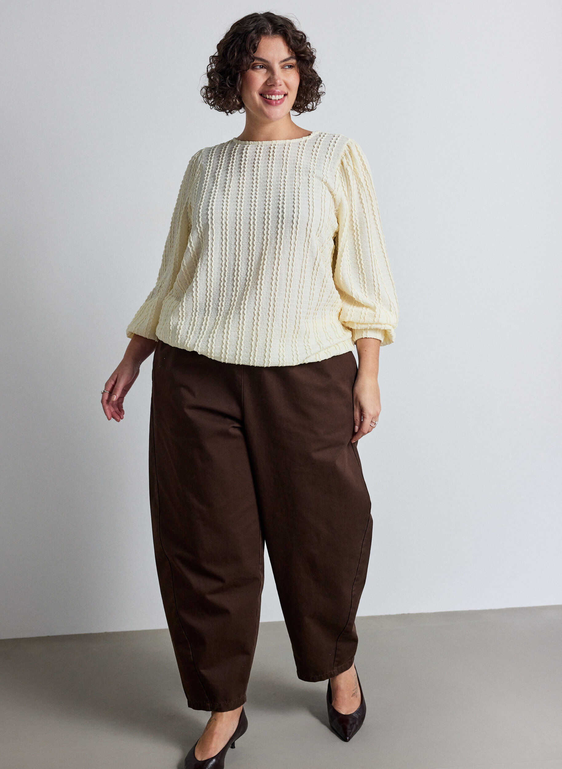 ZizzifashionTextured jersey blouse with a balloon silhouette, Vanilla, Model image number 1