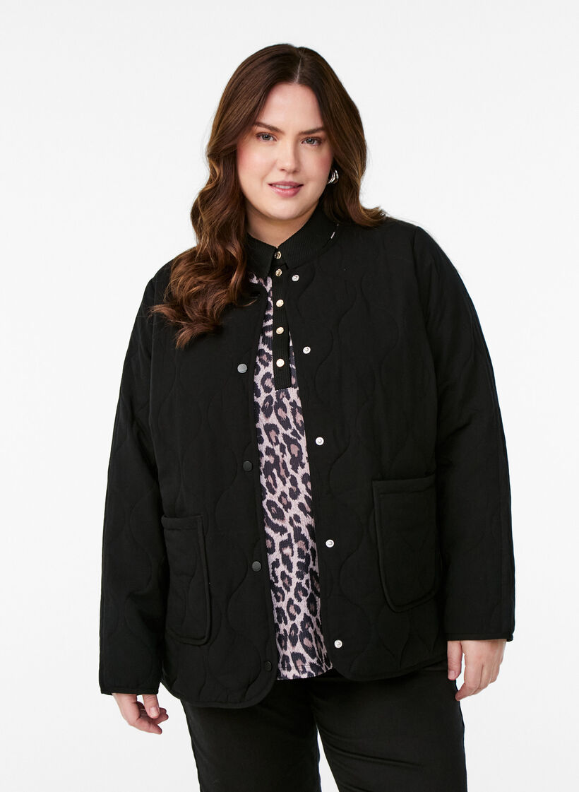 Quilted jacket with buttons and pockets, Black, Model image number 0