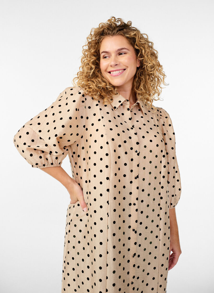 Midi shirt dress with polka dots and 3/4 sleeves, Beige, Model image number 2