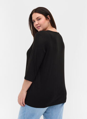 Plain blouse with buttons and 3/4 sleeves, Black, Model image number 1