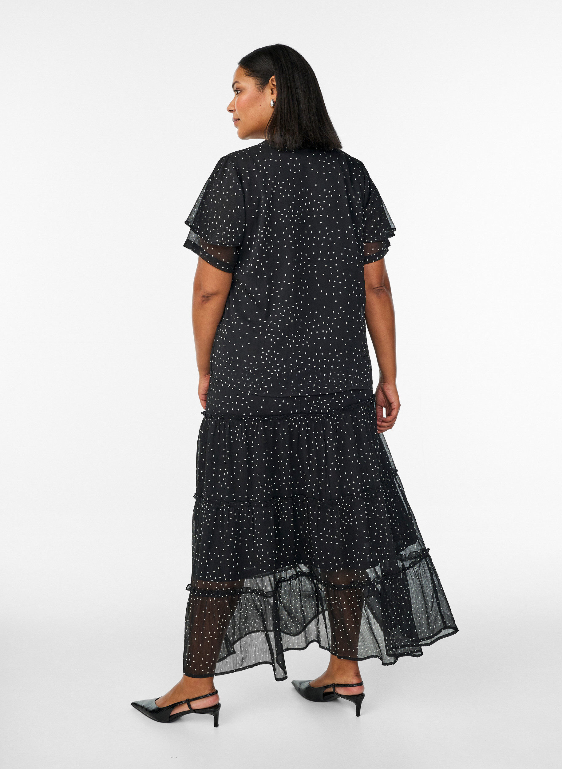 Zizzifashion Long A-line chiffon skirt with polka dots, Black, Model image number 1