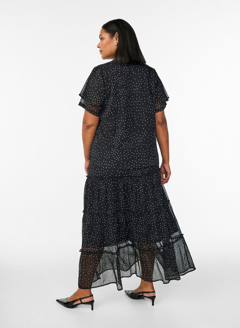 Long A-line chiffon skirt with polka dots, Black, Model image number 1