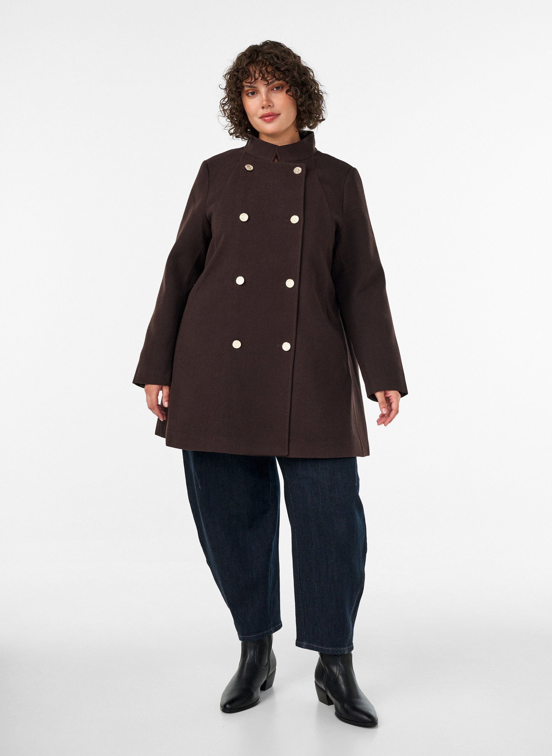 ZizzifashionA-line coat with gold buttons, Brown, Model image number 1
