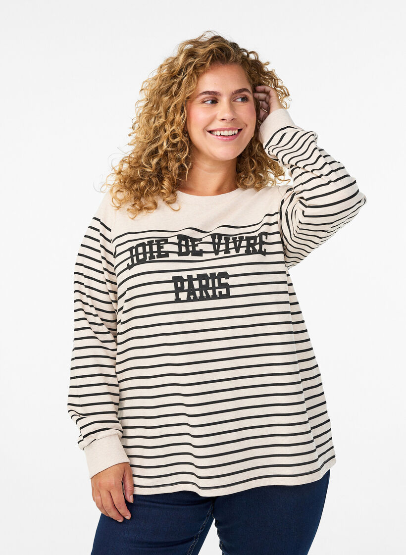 Sweatshirt with stripes and text print, Beige, Model image number 0