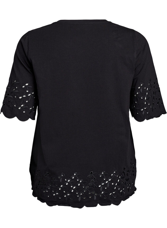 T-shirt with broderie anglaise and scalloped edges, Black, Packshot image number 1