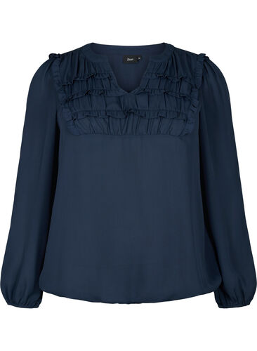 Long-sleeved blouse with frilled details, Total Eclipse, Packshot image number 0