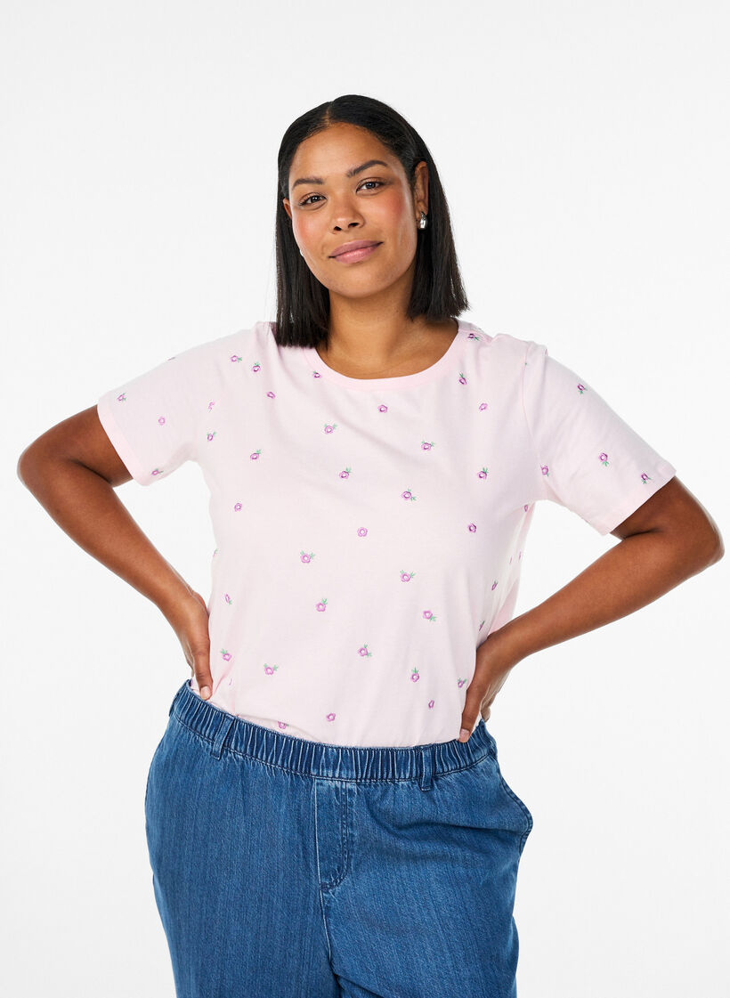 T-shirt in organic cotton with embroidered motifs, Pink, Model image number 0