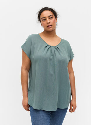 Short-sleeved viscose blouse with round neck, Balsam Green, Model image number 0