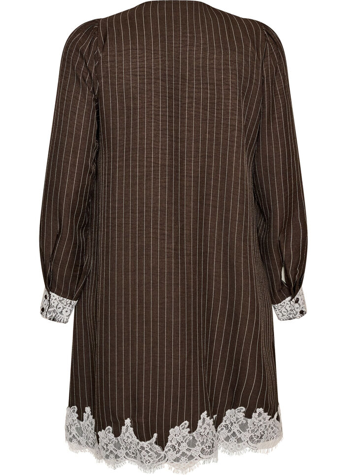 Knee-length dress with pinstripes and lace trim, Brown, Packshot image number 1