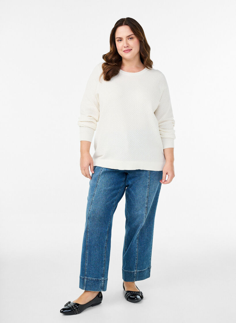 Knit blouse in cotton with textured pattern, Vanilla, Model image number 1