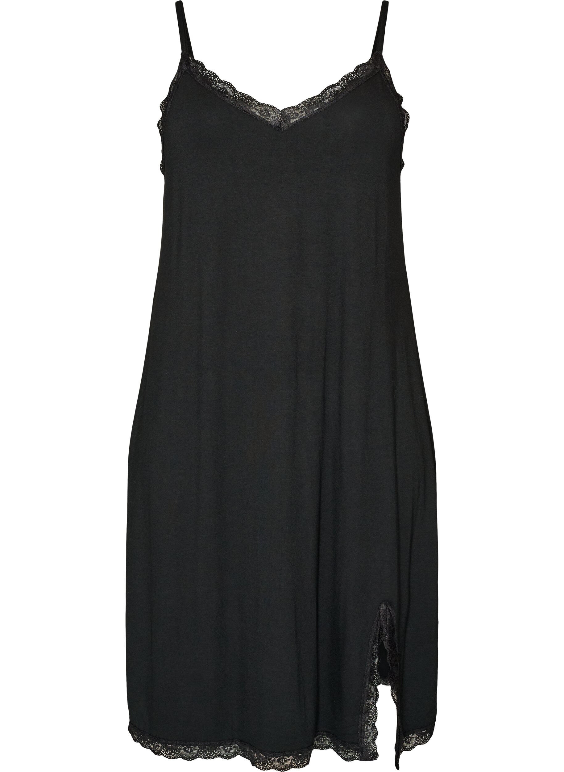 ZizzifashionViscose nightgown with lace and slits, Black, Packshot image number 0