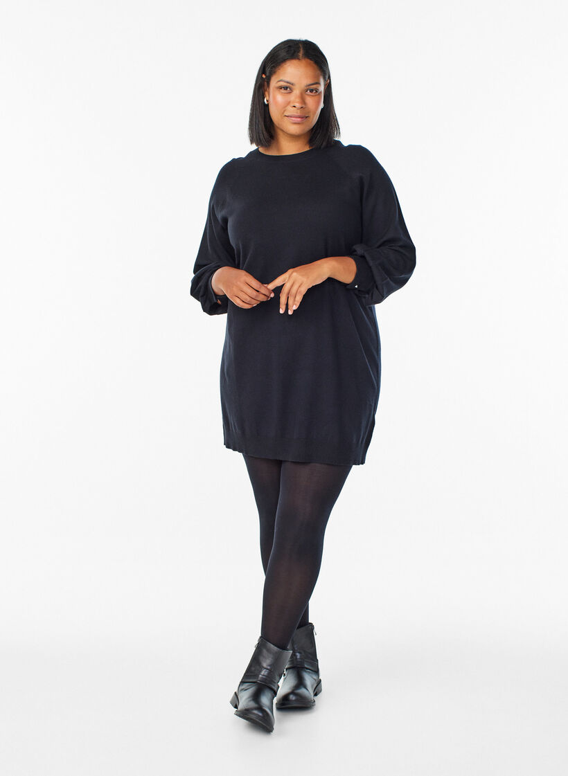 Short knitted dress with raglan sleeves, Black, Model image number 1