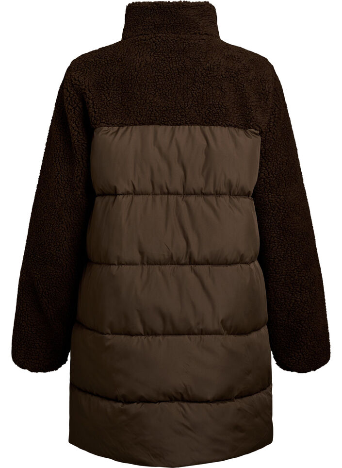 Mid-length puffer jacket with teddy fleece, Brown, Packshot image number 1