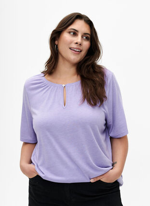 Melange blouse with short sleeves, Violet Tulip Mel., Model image number 0