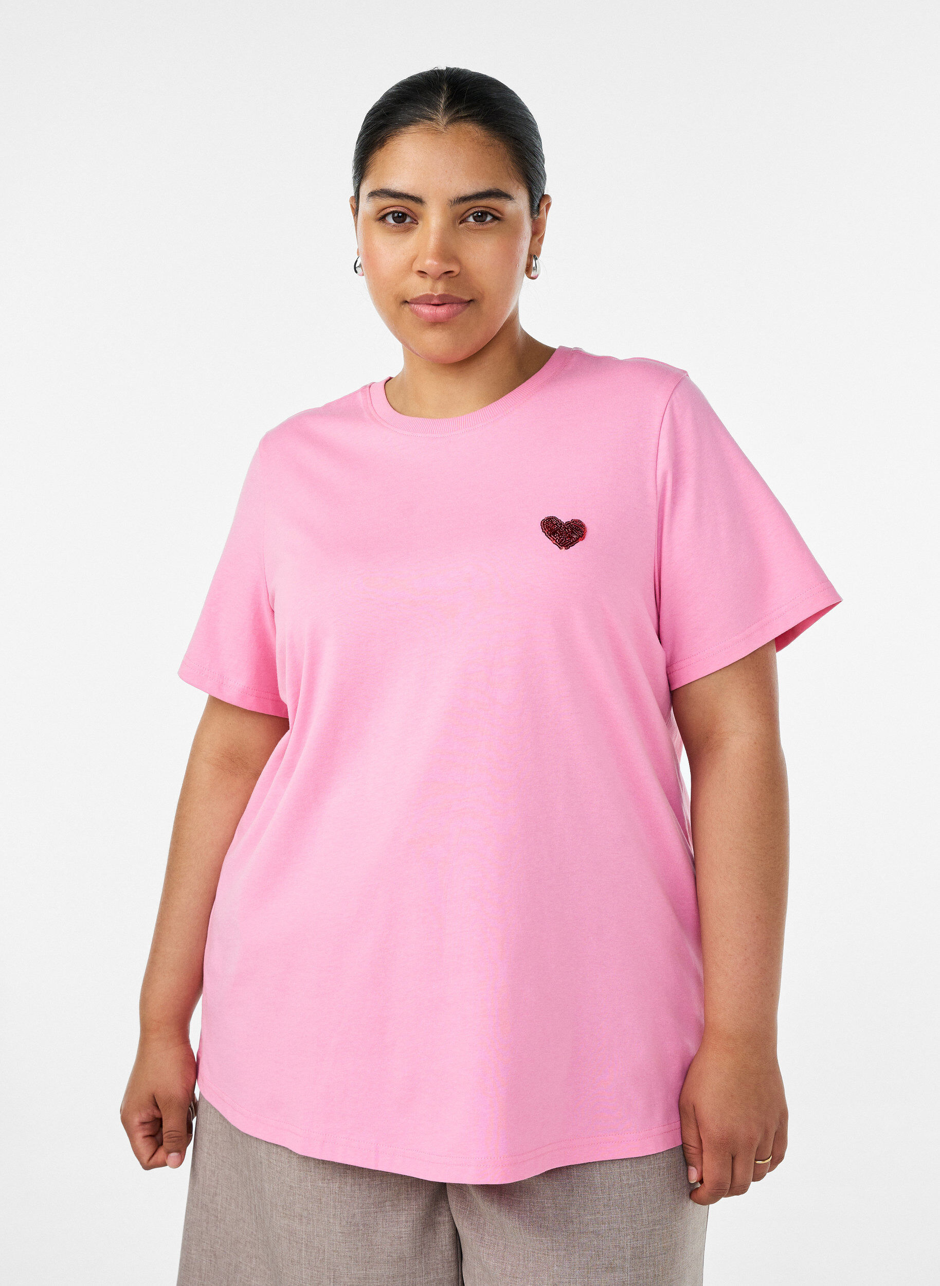 ZizzifashionT-shirt with a sequin heart and colourful back print, Pink, Model image number 0
