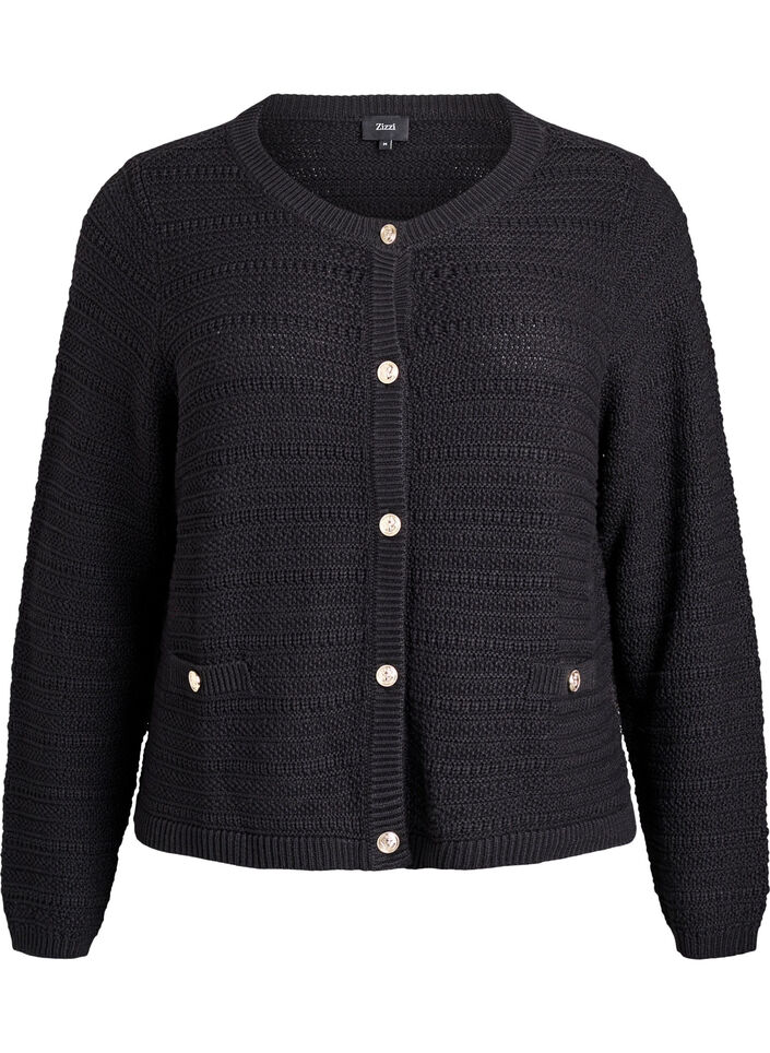Cardigan with textured knit and decorative buttons, Black, Packshot image number 0