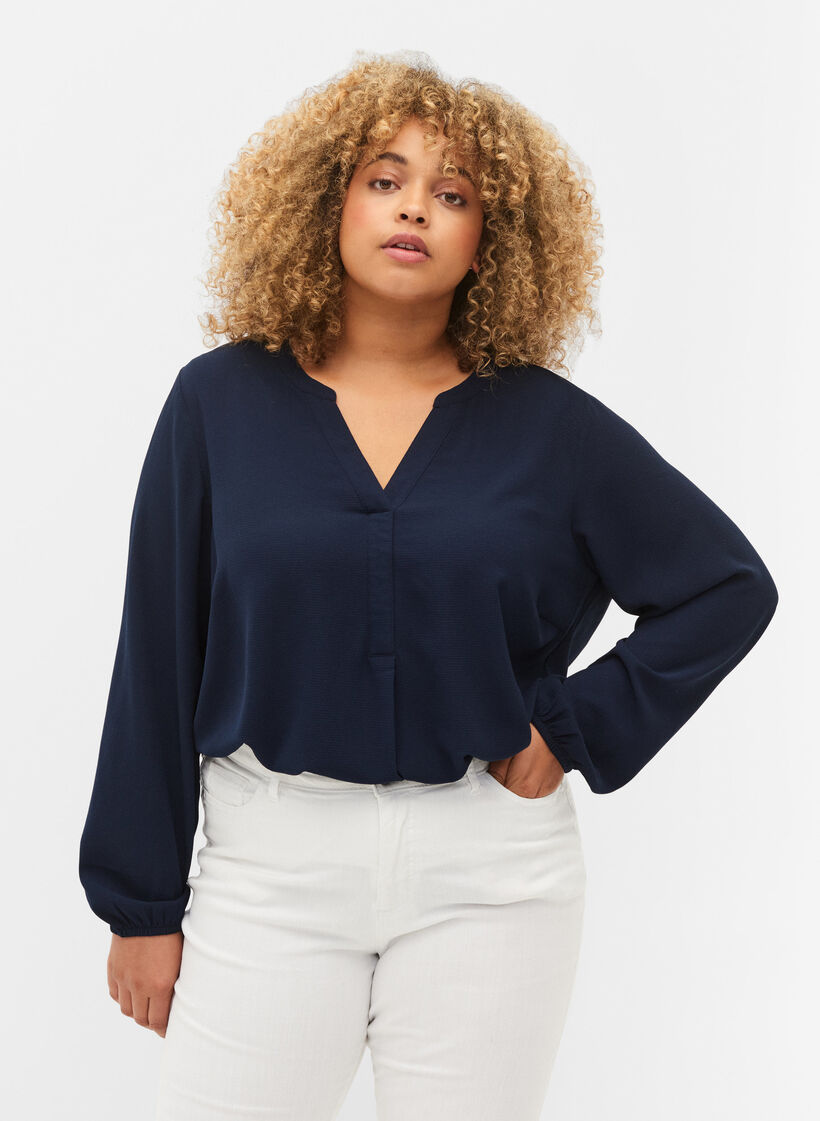 Plain colour top with v-neck, Navy Blazer, Model image number 0