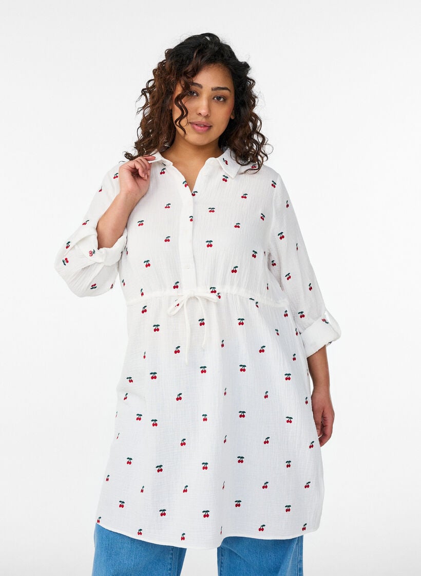 Shirt dress in cotton muslin with embroidered motifs, Vanilla, Model image number 0