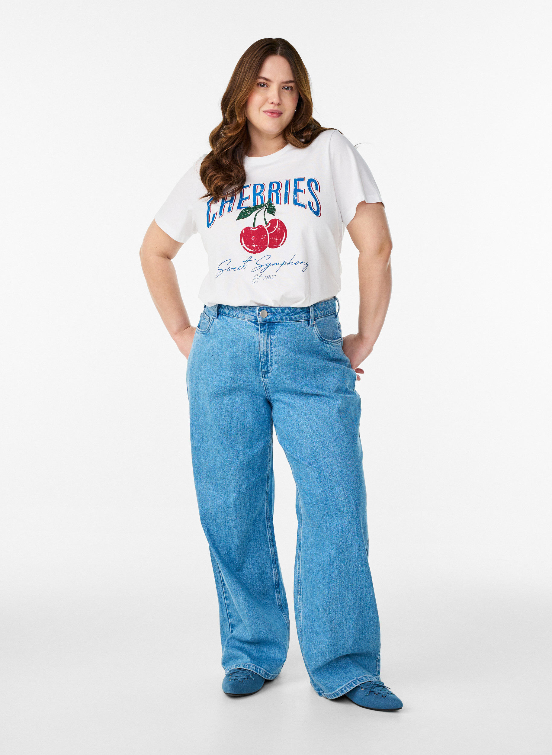 Zizzifashion Cotton t-shirt with fruit print and text, White, Model image number 1