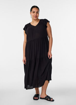 Midi dress in viscose with ruffle sleeves - Black - Sz. L - Zizzifashion Midi dress in viscose with ruffle sleeves - Black - Sz. L - Zizzifashion