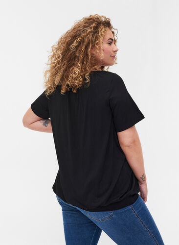 Short-sleeved viscose t-shirt with elastic, Black, Model image number 1